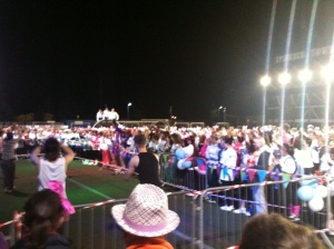 Volunteering at the St Elizabeth Hospice Midnight Walk 2013.  A view of the crowds and entertainers at the start.
